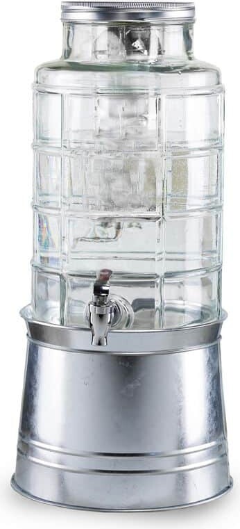 Style Setter Patchwork 2.4 Gal. Clear, Cold Beverage Glass Dispenser with Ice Insert, Fruit Infuser Galvanized Base Leak Proof Spigot