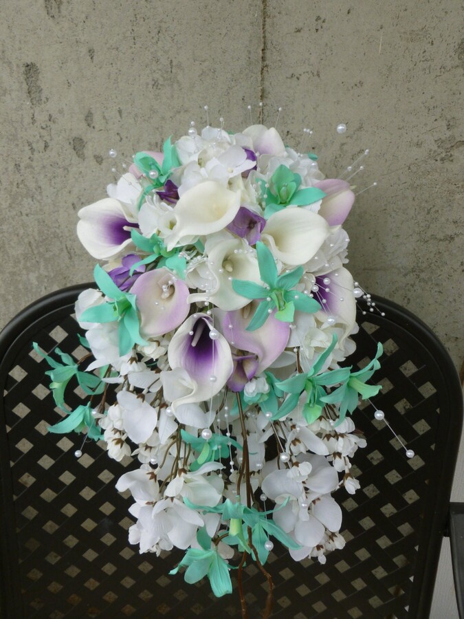 Etsy Calla Lily Cascading Bridal Bouquet Mint Lavender & Pearl Accents