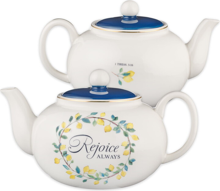 Christian Art Gifts Large Ceramic Cute Inspirational Scripture Teapot for Women: Rejoice Always Bible Verse for Home & Kitchen w/Gold, Easy-pour Lead & Cadmium-free, White/Blue & Yellow Lemons, 34 oz.