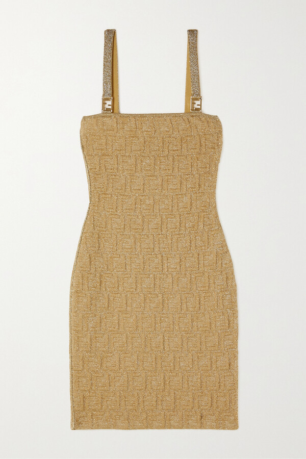 Fendi Logo-jacquard Metallic Knitted Mini Dress - Gold - ShopStyle