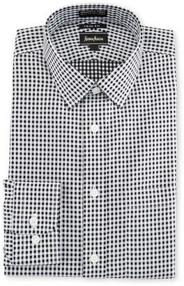 Neiman Marcus Trim-Fit Non-Iron Grid-Print Dress Shirt, Black