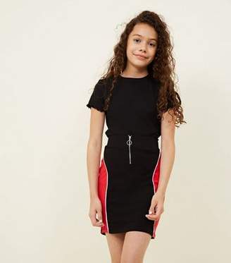 New Look Girls Black Panelled Ring Zip Front Skirt