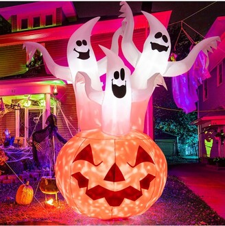 Tangkula 6FT Halloween Inflatable Decorations 3 White Ghosts on Pumpkin Spooky Halloween Blow Up Pumpkin Ghost Decor w/ Build-in LED Lights