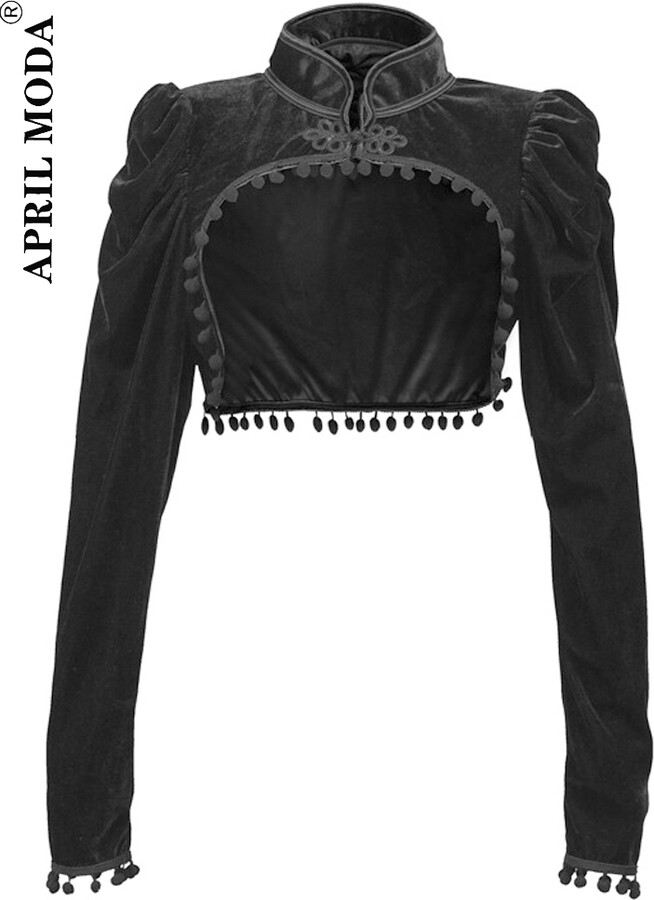APRIL MODA 2025 Gothic Black Velvet Short Steampunk Crop Jacket Long Sleeve Women Party Bolero Victorian Coat Vintage Corset Accessories