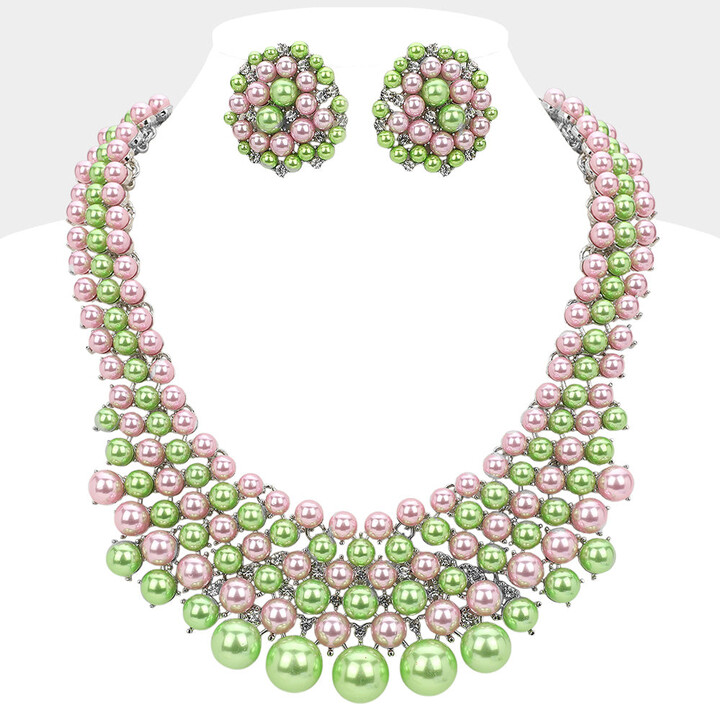 FASHNZFAB Pearl Embellished Collar Necklace - Pink & Green