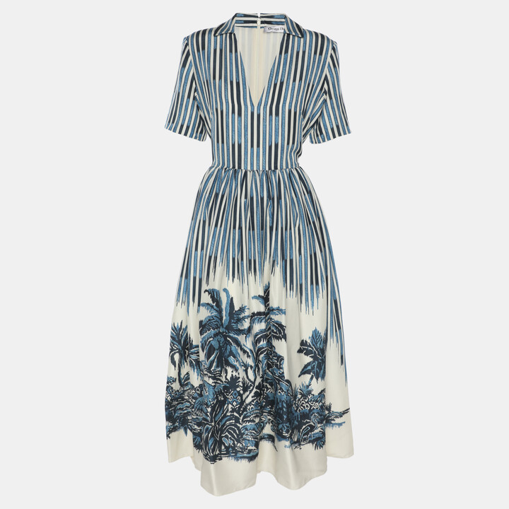 Dior Blue Toile de Jouy Palm Print Silk Maxi Dress M