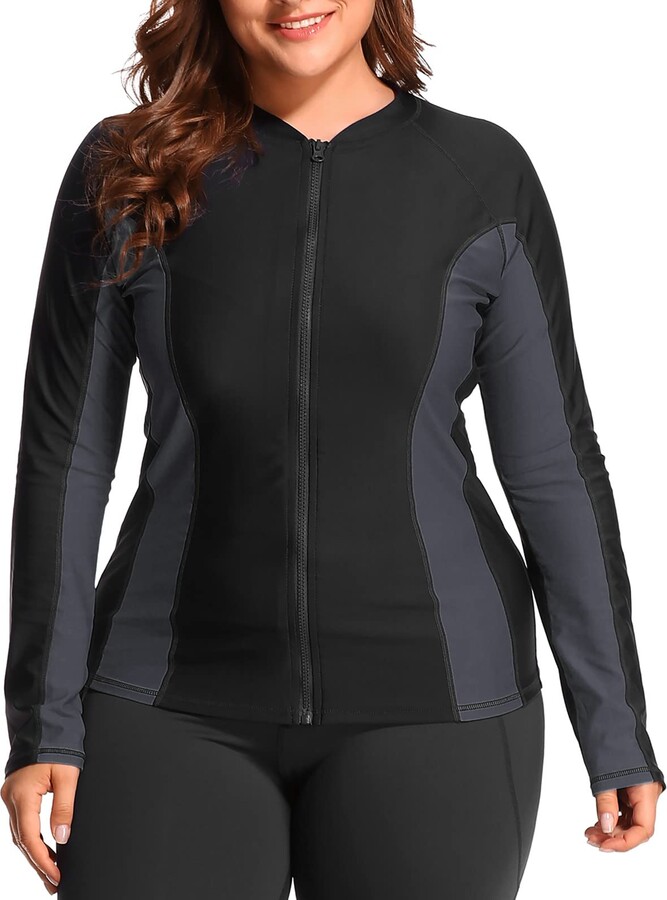 CharmLeaks Plus Size Rash Guard for Women Front Zipper Long Sleeve