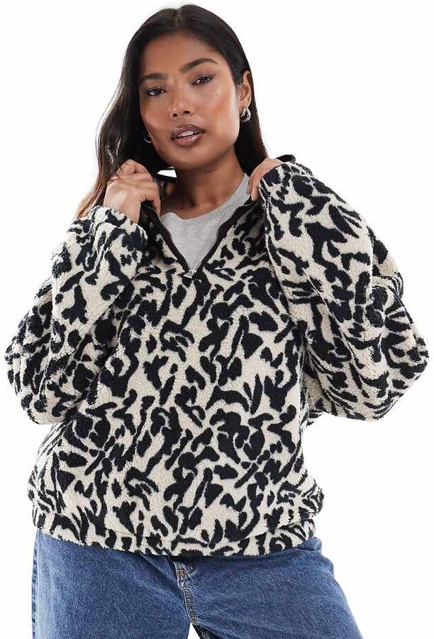 ONLY Curve half zip fleece sweatshirt in black & white print