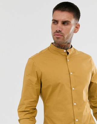 ASOS DESIGN stretch slim smart shirt in mustard with grandad collar