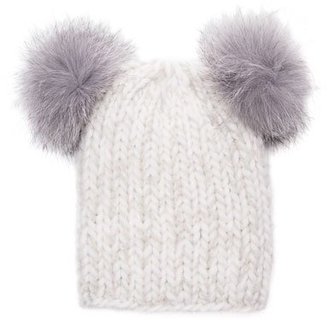 Eugenia Kim Mimi Knit Beanie Hat w/Fur Pom-Poms, White