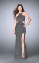 Thumbnail for your product : La Femme Halter Neck Strappy Back Shimmer Jersey Prom Dress 23992