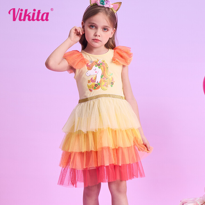 VIKITA Kids Summer Vestidos Girls Flare Sleeve Mesh Tulle Yellow Princess Birthday Party Tutu Dresses Girls Unicorn Print Dress