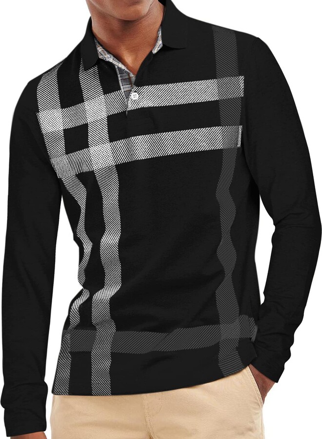 PINKMARCO Men Long Sleeve Polo Shirts Casual Stylish Polo Tee  Shirts Vintage Cotton Business Work Golf Collared Fall Pullover Black Medium