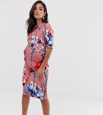 Little Mistress Maternity all over floral printed layered bardot pencil dress in multi