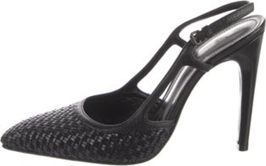 Bottega Veneta Leather Slingback Pumps Black Intrecciato Weave Semi-Pointed Toes Straps & Buckle Closure at Ankles Unfortunately, due to restrictions, this item may not be eligible for shipping in all areas.