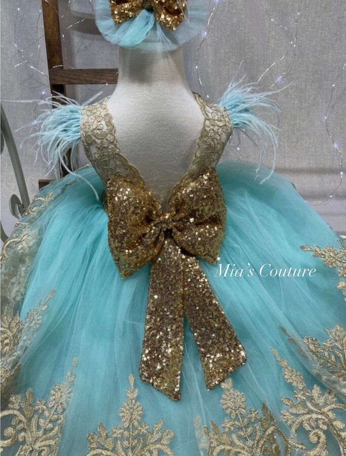Blue & Gold High Low Pageant Dress, Girls Birthday Toddler Baby Formal Princess Blue