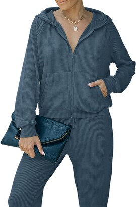 REORIA Womens Waffle Knit Tracksuits Long Sleeve Loungewear 2