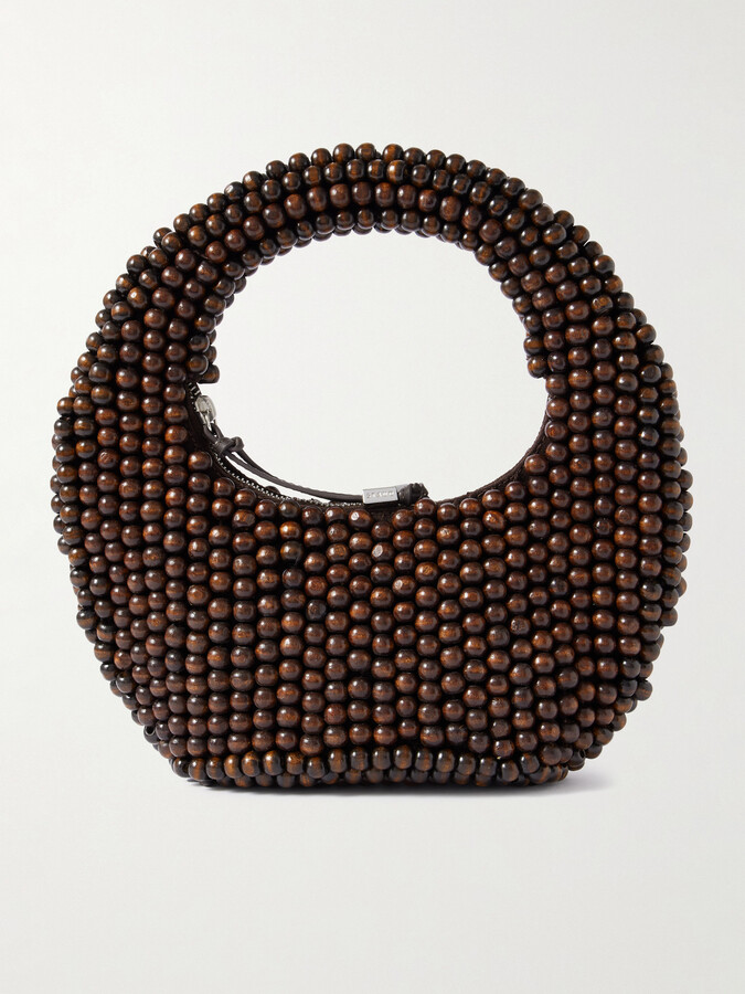 STAUD Reef Leather-trimmed Beaded Wood Tote - Brown