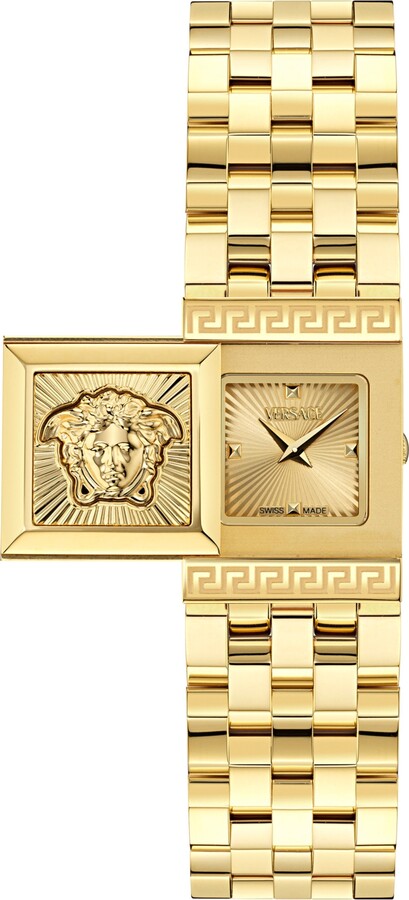 Versace Women's Swiss Reveal Square Gold Ion Plated Bracelet Watch 18x25mm