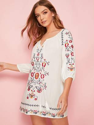 Shein Tribal Embroidery Tie Neck Blouse