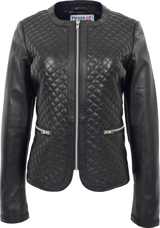 Womens Ladies pocket leather quilted biker zip collarless jacket coat 8 10 12 14 