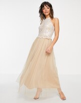 Thumbnail for your product : Vila Bridal halterneck dress with sequin body and tulle skirt in champagne