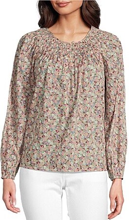 Lucky Brand Woven Floral Print Crew Neck Long Sleeve Smocked Button Front Blouse