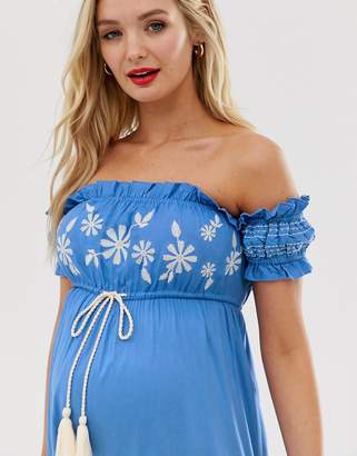 ASOS Maternity DESIGN Maternity off shoulder embroidery jumpsuit