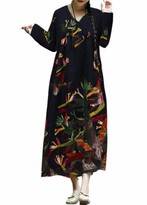Thumbnail for your product : Romacci Women Vintage Loose Dress Boho Cotton Linen Dress Contrast Print Long Sleeves Oversized Robe Maxi Long Dress (XXL