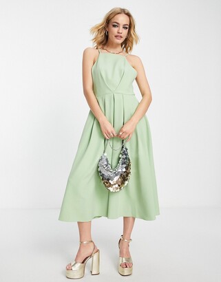 True Violet backless woven prom midi dress in sage