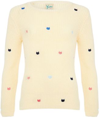 Yumi Girls Girls multi coloured cat motif embroidered jumper