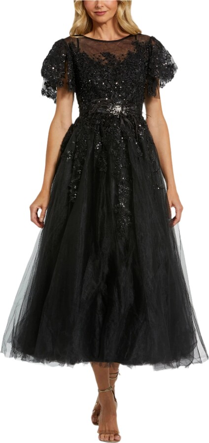 Mac Duggal Embellished Flutter Sleeve Bow Waist A Line Dress