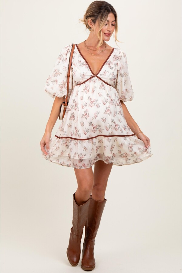 Pinkblush Maternity Cream Floral Deep V-Neck Back Cutout Dress