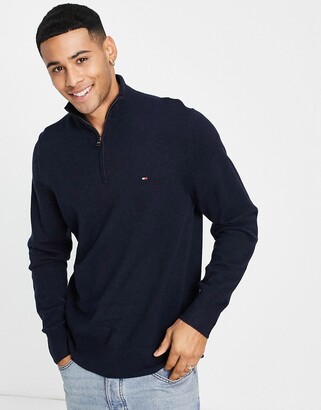 Tommy Hilfiger flag logo extrafine soft wool knit half zip jumper in navy -  ShopStyle
