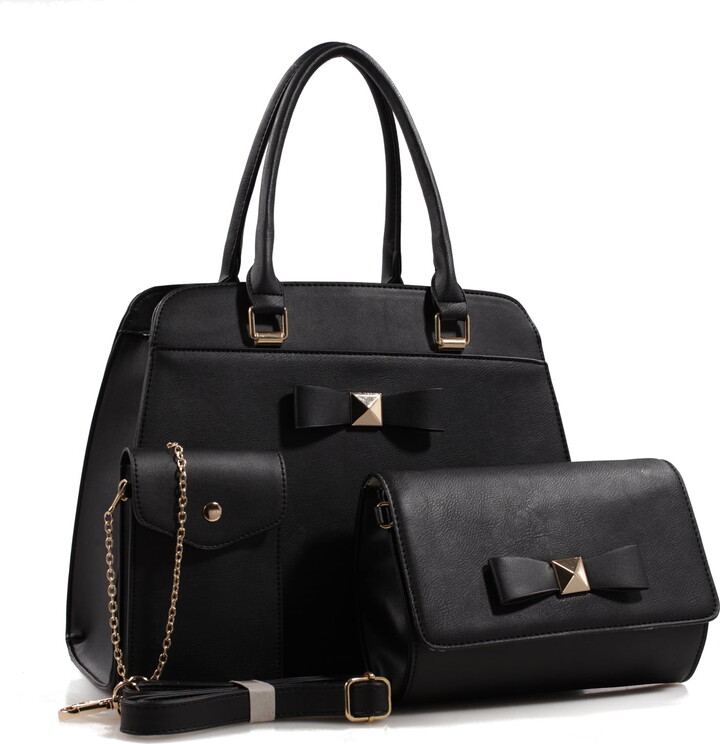 SumacLife The Linden Collection Women’s 3 Piece Bow Accented Vegan Leather Handbag, Crossbody Clutch Purse, and Crossbody Pouch with Removeable Vegan Leather Shoulder Strap