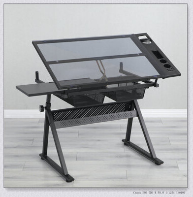 George Oliver Adjustable Tempered Glass Drafting Printing Table With Chair
