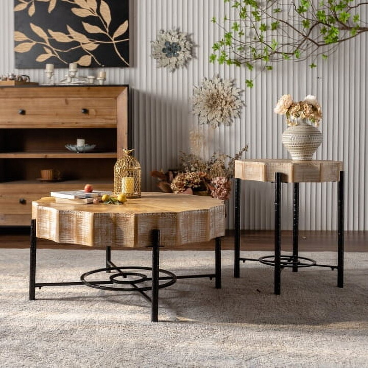 BSHTI 31.5"Vintage Patchwork Lace Shape Coffee Table with Natural Pine Grain Table Top and Dimpled Metal Cross Legs,Cedar Coffee Table Set (Set of 2)