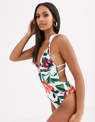 South Beach floral swimsuit with white frill detail