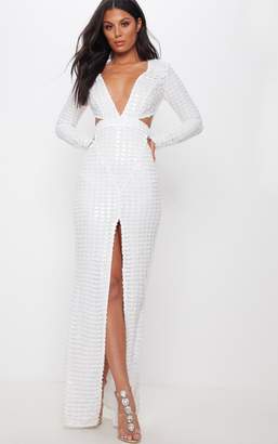 PrettyLittleThing White Metallic Detailed Cut Out Plunge Maxi Dress