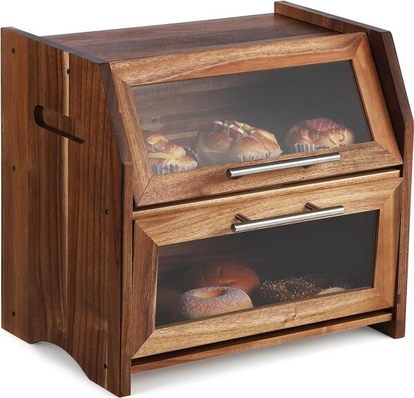 Garvee BreadBox,DoubleLayerAcaciaWoodenBreadBinwithClearAcrylicDoorPanel,AirVents