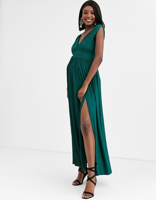 ASOS Maternity DESIGN Maternity premium lace insert pleated maxi dress in forest green