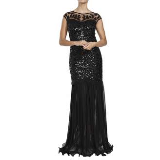M MAYEVER 1920s Long Prom Dress Sequin Bead Gatsby Ball Party Gown with Headband (XXL, Black & Gold)