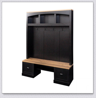 Farmhouse 4-in-1 Hall Tree with Wood Grain Bench and Top, Multifunctional Coat Rack with Black Hooks and Shell Handles