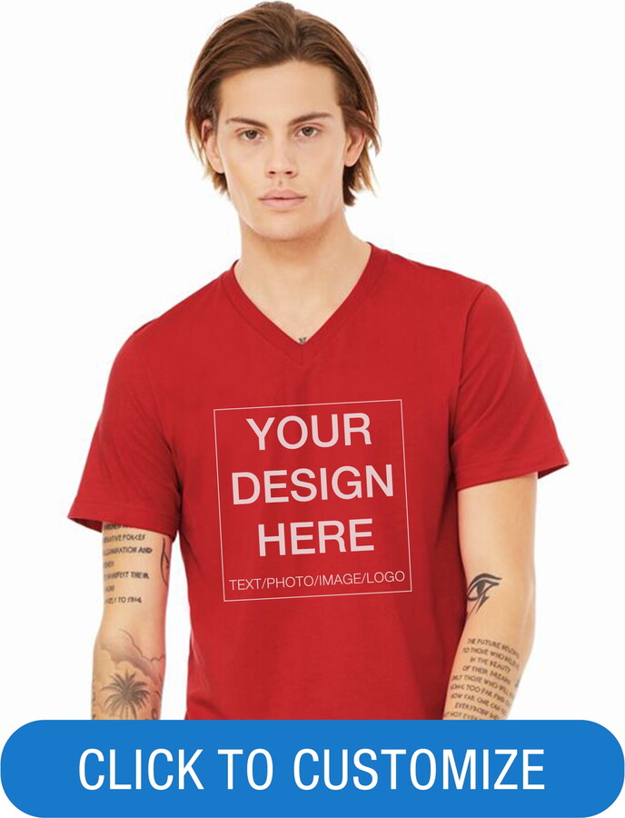 BELLA+CANVAS Adult Short Sleeve V-Neck Personalized T-Shirt, Create your own Designs, Red, XXL, Unisex