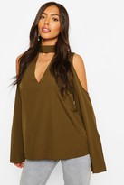 Thumbnail for your product : boohoo Choker Plunge Cold Shoulder Top