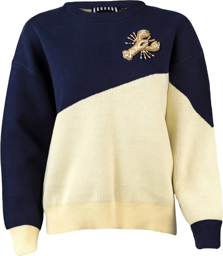Laines London Women's Navy Blue & Cream Jacquard Knit Jumper With Gold Lobster Brooch ShopStyle