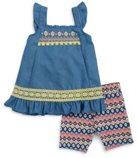 Little Lass Little Girls' Ruffled Chambray Dress and Patterned Shorts Set