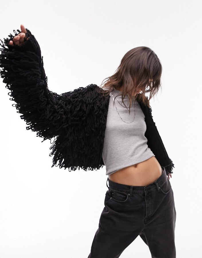 Topshop knitted shaggy cardigan in black ShopStyle