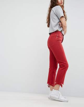 ASOS Florence Authentic Straight Leg Jeans In Red With Disheveled Hem