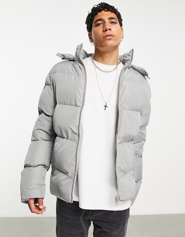 ASOS DESIGN puffer jacket with detachable hood in grey - ShopStyle